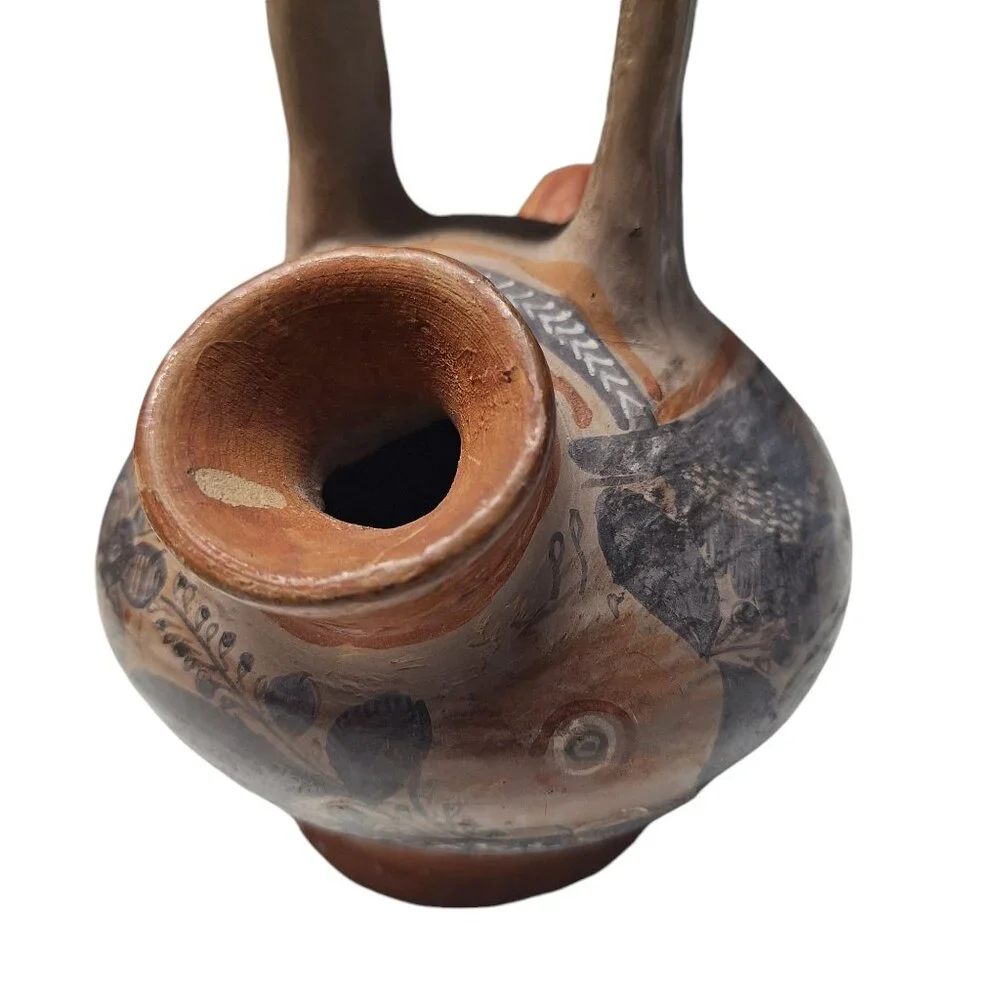 Tonala Pottery Double Spout Water Jug Rabbit Floral Agave Design Mexico Folk Art